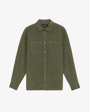 Hosszú ujjú, olívazöld gombos ing két mellzsebbel, gallérral és sárga madár logóval a bal zsebén.