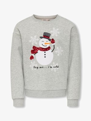 Sweat-shirt gris avec un bonhomme de neige souriant portant un chapeau haut de forme noir et une écharpe rouge. Des accents scintillants et des motifs de flocons de neige complètent le design.