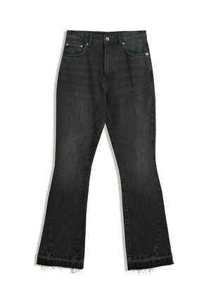 Sorte denim flared jeans med en frynset kant, femlommes design og knaplukning. Glat struktur, stof af mellem vægt.