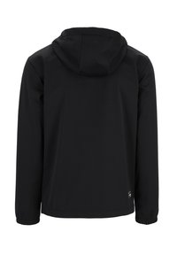 Schwarze Kapuzensjacke aus glattem Stoff, mit langen Ärmeln, elastischen Bündchen und einem schlichten Design ohne sichtbare Logos oder Verzierungen.