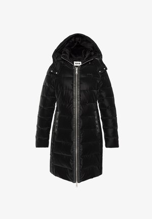 Czarna pikowana kurtka z kapturem, wyposażona w zamek błyskawiczny na całej długości, boczne kieszenie oraz aksamitną fakturę. Lekko błyszcząca powierzchnia z pikowanym wzorem.