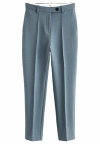 Maßgeschneiderte Hose aus hellblauem Stoff. Verfügt über zwei Vorderfalten, einen Knopfverschluss und eine glatte Textur. Gerader Beinansatz mit seitlichen Taschen.