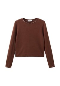 Maglione lungo marrone a maniche lunghe con scollatura rotonda, caratterizzato da piccole borchie argento lungo il colletto e i polsini.