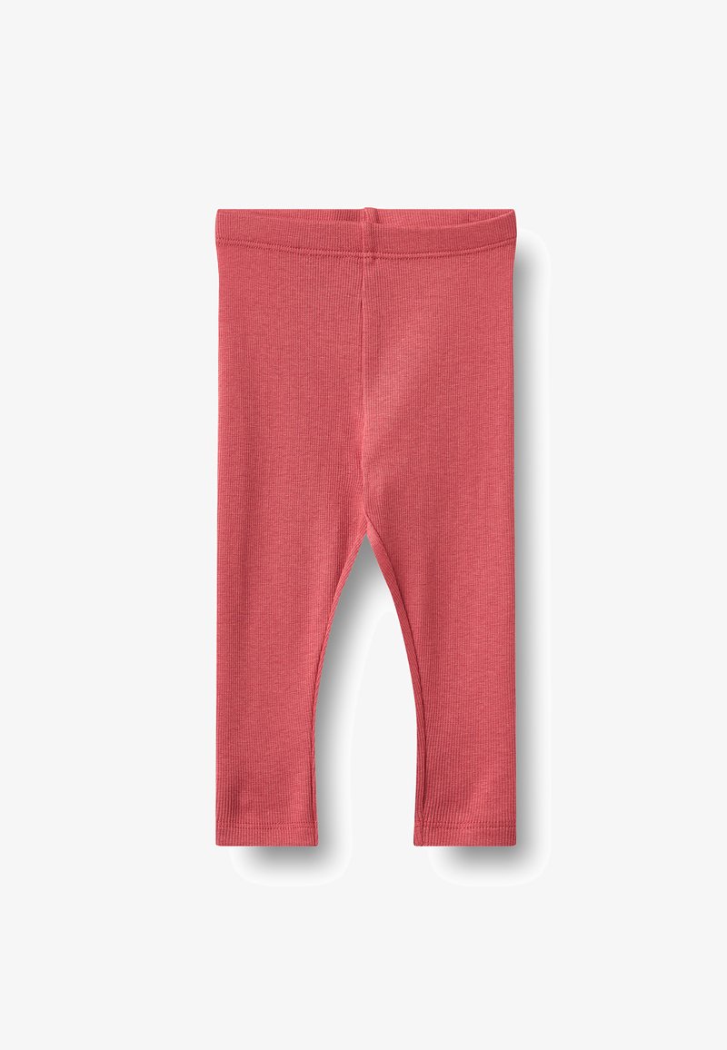 Leggings roses pour tout-petits en maille côtelée douce avec taille élastique, présentés à plat sur fond blanc.