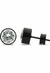 Orecchini a bottone rotondi con cristalli trasparenti a faccette e montature in metallo nero. Il design presenta uno stile elegante e minimalista, con chiusure a puntale sicure.