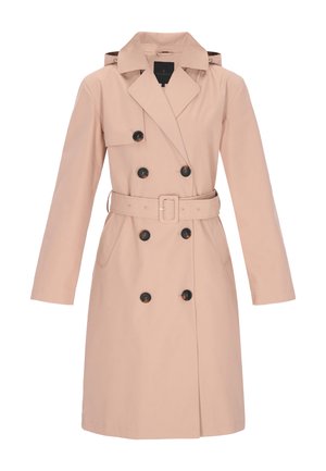 Beige trenchcoat met dubbele knoopsluiting, zwarte knopen, een ceintuur in de taille en een brede kraag. Gemaakt van gladde stof met lange mouwen.