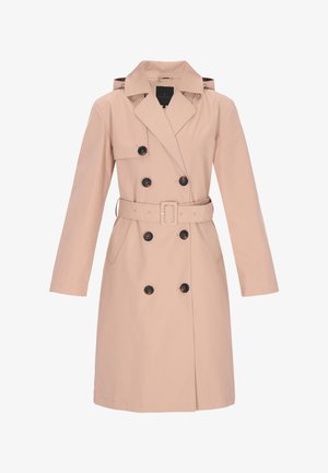 Béžový trenčkot s dvojitým zapínáním na knoflíky, černé knoflíky, páskem v pase a širokým límcem. Vyrobený z hladké látky s dlouhými rukávy.