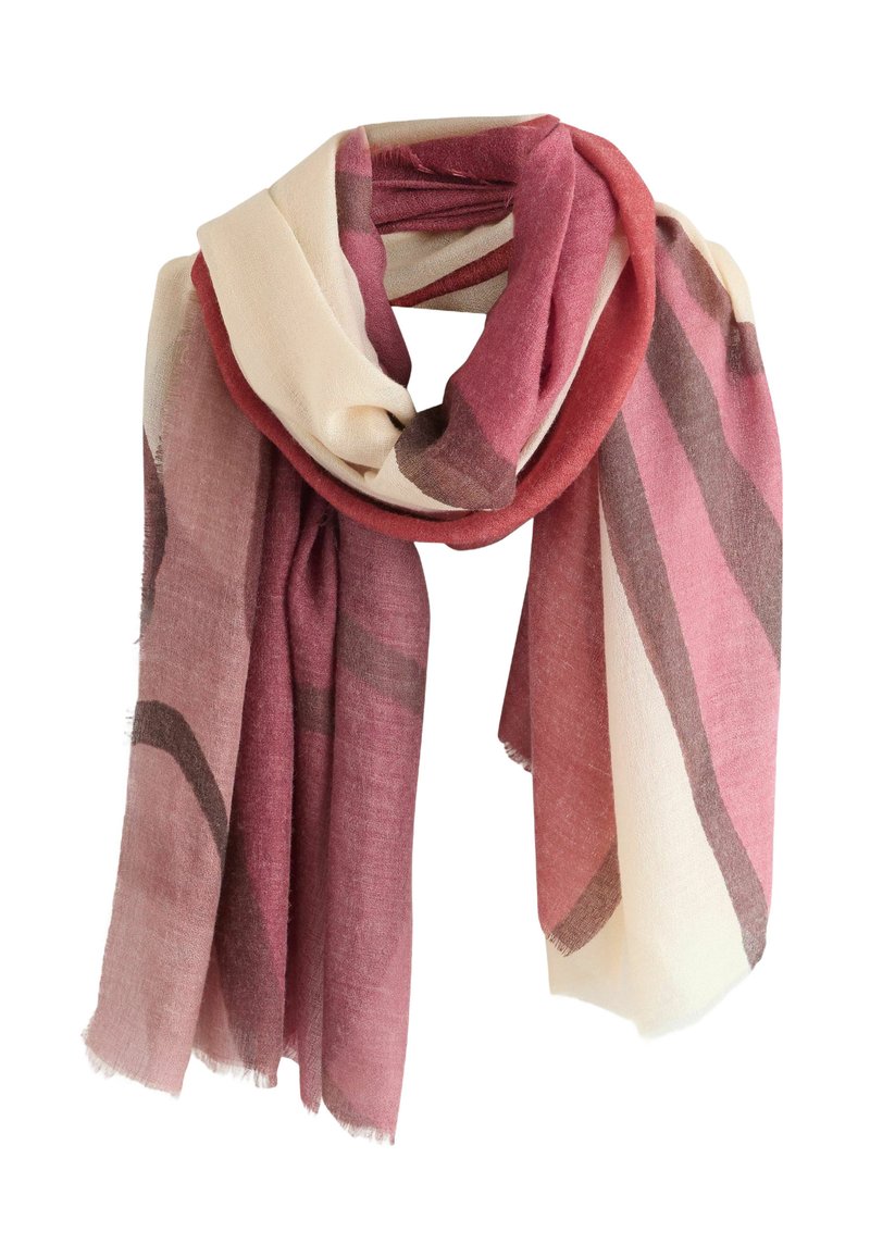 Leichter Schal mit cremefarbenem Grundton und diagonalen Streifen in Bordeaux und Braun, weiche Textur und ausgefranste Kanten für einen lässigen Look.