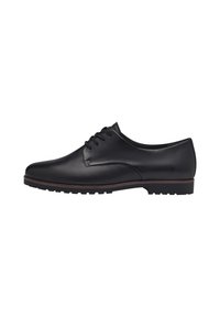 Chaussure en cuir noir à lacets avec un bout rond, un léger talon et une semelle en caoutchouc texturée. Présente une finition lisse et un subtil détail de couture.