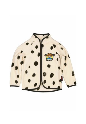 Vaatteet fleece-takki vaaleassa kermassa mustilla pilkuilla; edessä vetoketju, korkea kaulus ja värikäs brodeerattu kuvamerkki rinnan kohdalla.