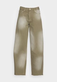 Khaki wijde jeans van denim, met een vervaagde textuur, vijf zakken en afgerafelde zoom voor een ontspannen pasvorm.