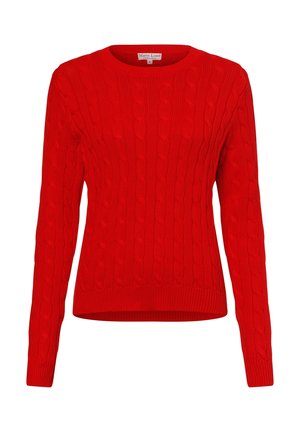 Czerwony sweter z długim rękawem, o grubym splocie, z okrągłym dekoltem, z prążkowanymi ściągaczami na mankietach i dole, oznaczony jako Marie Lund Copenhagen, rozmiar mały.