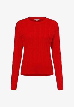 Pull rouge à manches longues à col rond en maille torsadée avec poignets et ourlet côtelés, étiquette Marie Lund Copenhagen, taille petite.