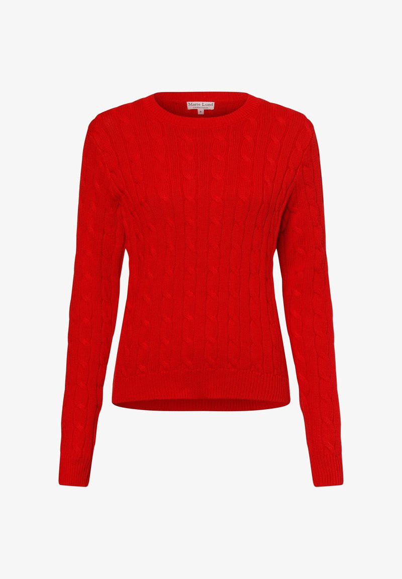 Pull rouge à manches longues à col rond en maille torsadée avec poignets et ourlet côtelés, étiquette Marie Lund Copenhagen, taille petite.