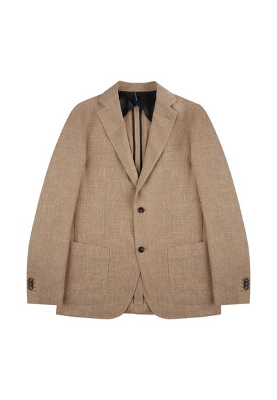 Blazer de lino beige con solapas de muesca, dos bolsillos frontales y cierre de un solo botón. Presenta un forro interior negro y una tela texturizada.