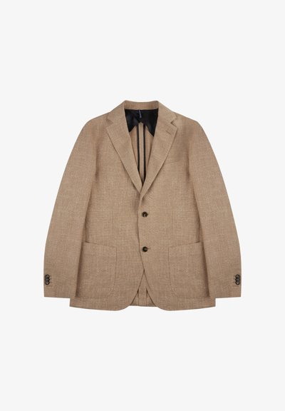 Beżowa lniana marynarka z klapami, dwoma przednimi kieszeniami i pojedynczym zapięciem na guzik. Posiada czarne wykończenie wewnętrzne oraz teksturowany materiał.