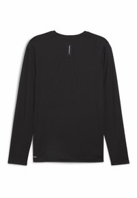 Schwarzes Langarmshirt mit glatter Textur, rundem Ausschnitt und einem einzigartigen durchbrochenen Design auf dem Rücken, das eine subtile Markenplatzierung aufweist.