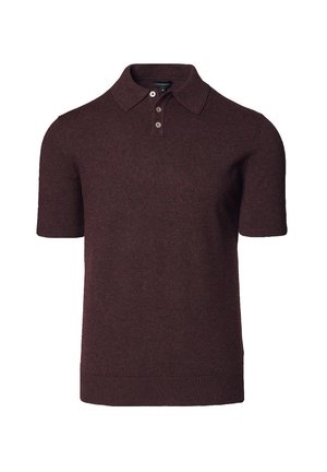Koszulka polo z krótkim rękawem w ciemnym burgundzie, z klasycznym kołnierzykiem i zapięciem na trzy guziki. Miękka tekstura z dopasowanym krojem.
