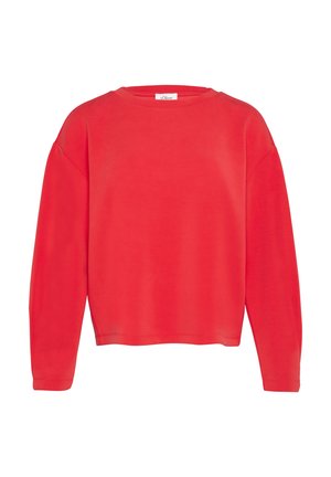 Pull-over rouge en molleton doux, présentant un col rond, des manches longues et une coupe décontractée avec des détails de couture minimalistes.