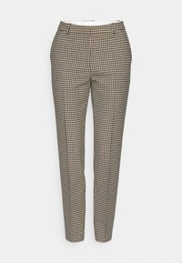 Pantalon slim fit sur mesure avec motif pied-de-poule beige et noir, poches avant et passants de ceinture, présenté sur fond blanc.
