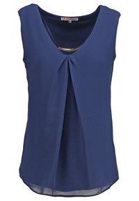 Mörkblå ärmlös blus med V-hals, med en plisserad framdesign och en guldaccent under halsringningen. Lättviktsmaterial.