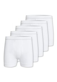 Set of five pairs of white cotton boxer shorts with ribbed texture, elastic waistbands, and a standard cut. No patterns or graphics.