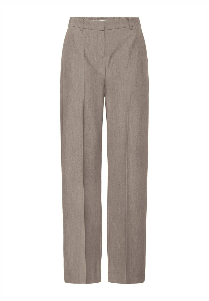 Pantaloni larghi grigio chiaro realizzati in tessuto texturizzato. Presentano un davanti piatto con dettaglio delle pieghe e una vita standard.