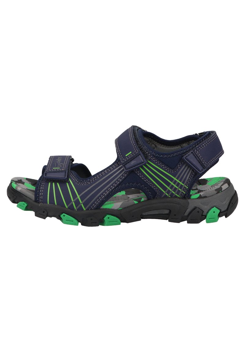 Mørkeblå justerbar sandal med grønne striper, gummisåle og camo-mønstret fotseng. Designet for komfort og holdbarhet.