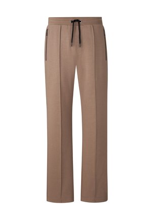 Brown sweatpants with a drawstring waistband, side zipper pockets, and straight-leg design. Made of soft, lightweight fabric.