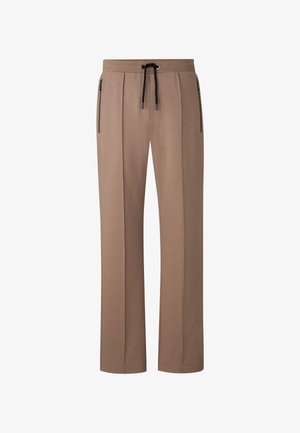 Brązowe spodnie dresowe z ściągaczem w pasie, bocznymi kieszeniami na zamek i prostymi nogawkami. Wykonane z miękkiego, lekkiego materiału.