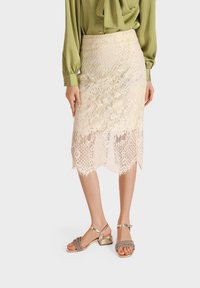 Gonna a matita in pizzo beige chiaro, fino al ginocchio, con orlo scallopato e motivi floreali a strati, abbinata a una blusa verde e sandali metallici con cinturini.