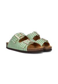 Groene en witte gestreepte sandalen met dubbele gespen, voorzien van een kurken voetbed en rubberen zool. Kenmerkt zich door geweven materiaal en accenten van zilverkleurig metaal.