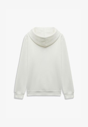 Sudadera blanca con capucha, de corte relajado, con puños y dobladillo acanalados. Textura suave con un diseño simple y limpio. Sin logotipos ni patrones visibles.