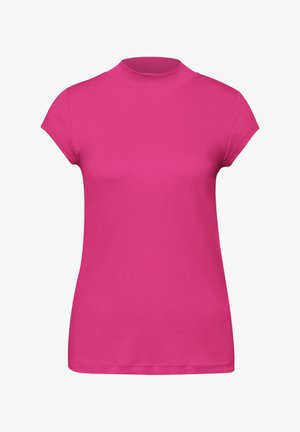 Haut pour femmes rose vif à manches courtes avec un col montant et une silhouette lisse et ajustée.