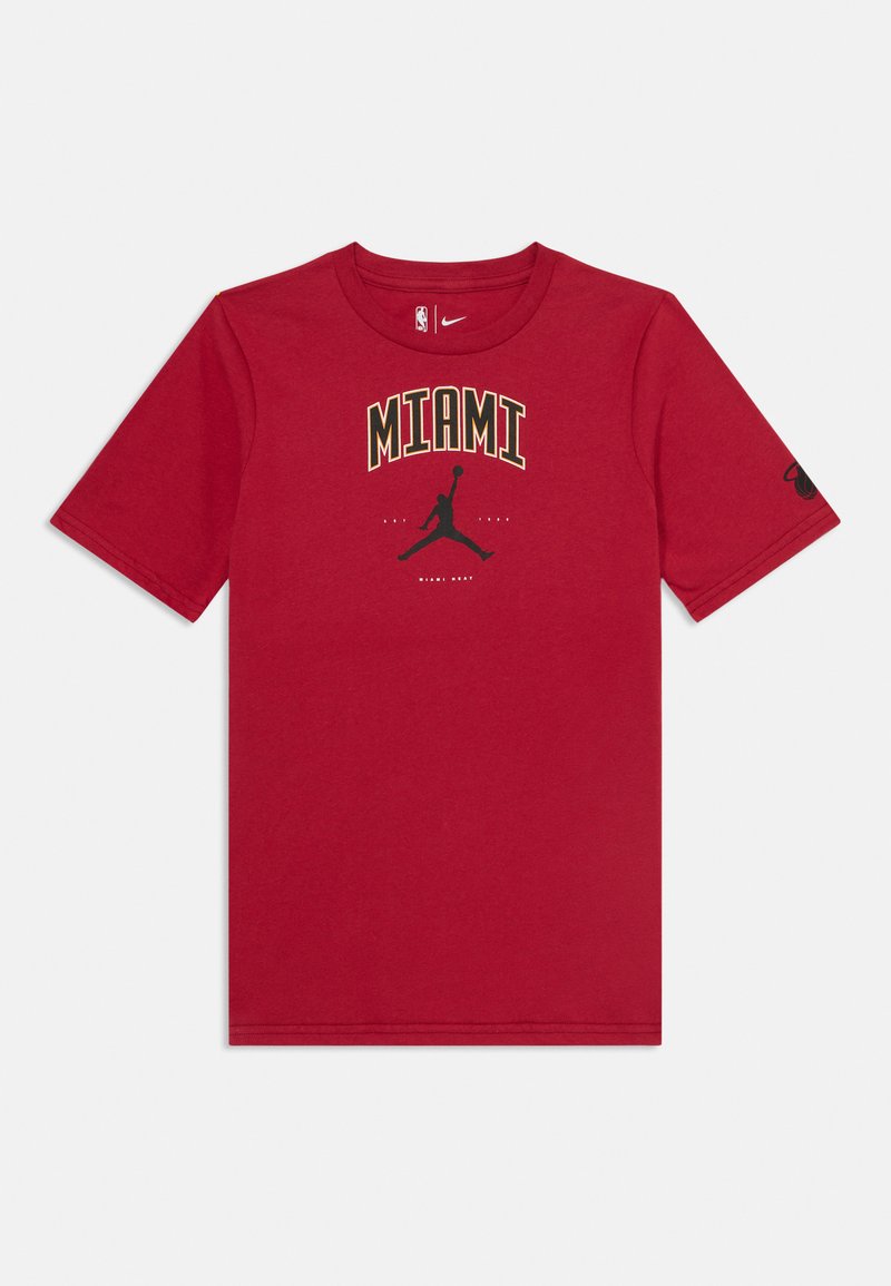 Red cotton t-shirt featuring "MIAMI" in yellow and black lettering and a black air Jordan logo on the lower front and sleeve. Short sleeves.