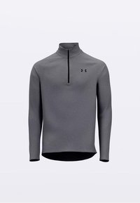 Siv dolg rokav pulover z ovratnikom z zadrgo do polovice, iz tkanine z teksturo; na prsih je majhen črn logotip.