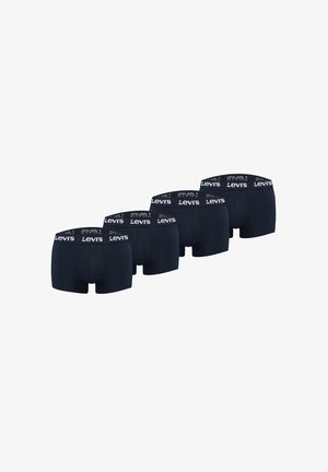 Vier Paare schwarze Levi’s Boxershorts mit gebrandetem elastischem Bund, in einer Reihe auf weißem Hintergrund angeordnet.