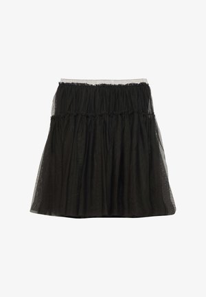 Zwarte tule rok met een gelaagd ontwerp, een elastische tailleband en een lichte glans. De stof is lichtgewicht en semi-transparant.