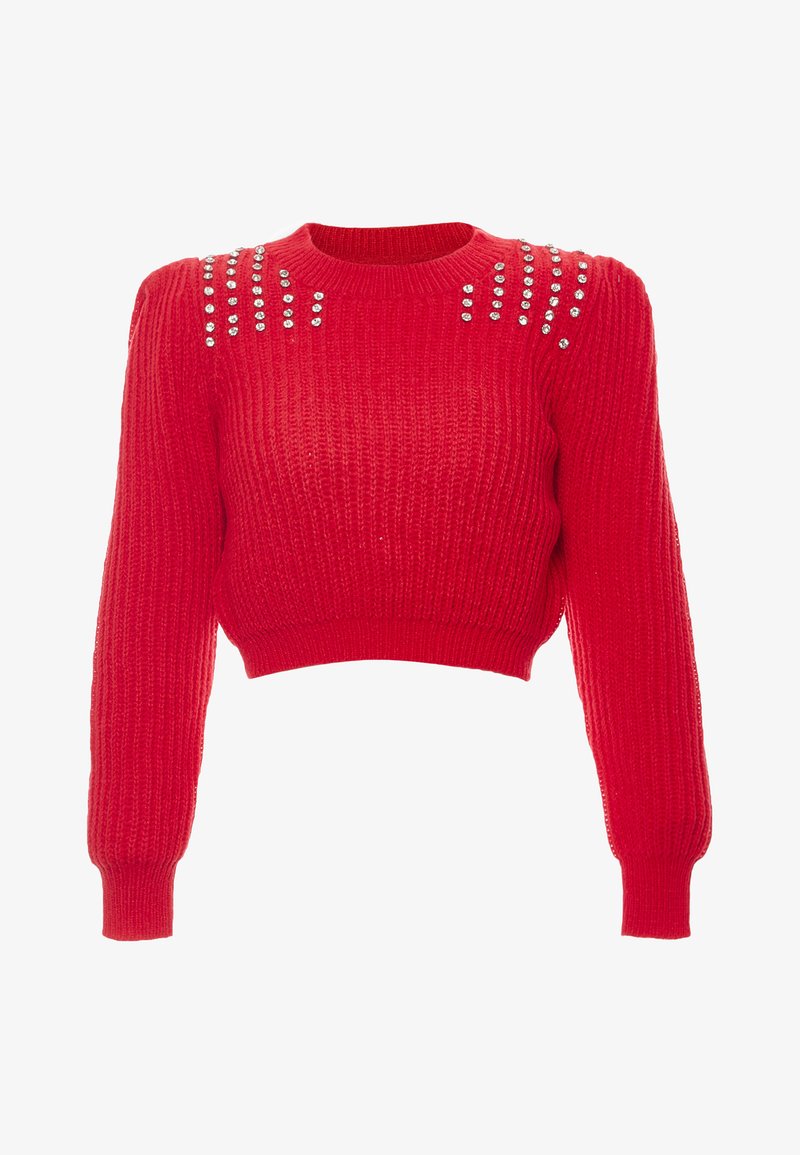 Red knitted crop sweater with long sleeves and ribbed texture. Features decorative silver studs along the shoulders for added detail.
