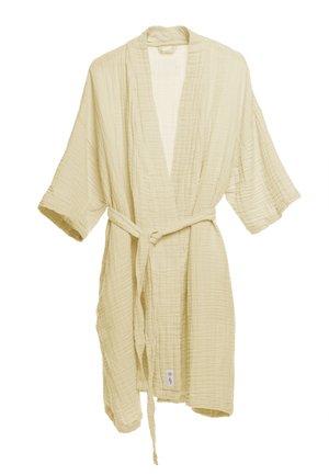 Világos bézs színű, kimonó stílusú köntös texturált, gyűrött felülettel, hosszú széles ujjakkal és deréktájon szövetből készült megkötő övvel.