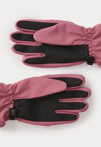 Pink waterproof gloves with black textured palms. Features include a gathered wrist and adjustable strap for a secure fit.
