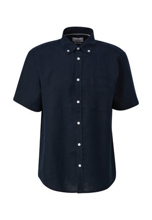 Chemise à manches courtes en lin bleu marine foncé avec un col, une poche sur la poitrine gauche et des boutons blancs sur le devant.