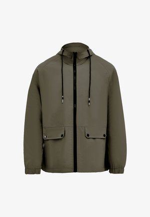 Khaki hooded jacket with a black front zipper, elastic cuffs, and two front pockets featuring snap closures. Smooth texture and lightweight material.