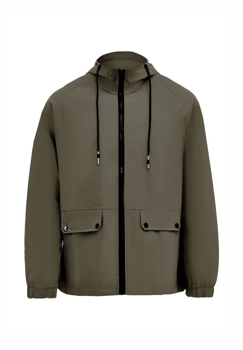 Khakifarbene Kapuzenjacke mit einem schwarzen Frontreißverschluss, elastischen Bündchen und zwei Fronttaschen mit Druckknopfverschlüssen. Glatte Textur und leichtes Material.