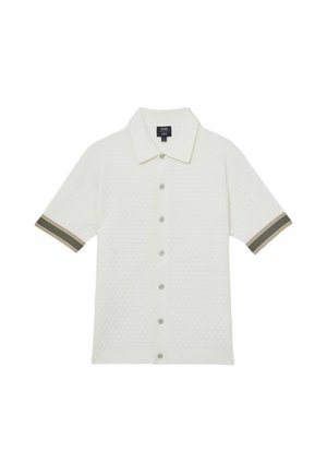 Kortærmet hvid tekstureret strikket polo shirt med knapper foran og grønne og beige striber på ærmerne.