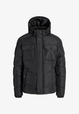 Doudoune noire avec un col haut, fermeture éclair, deux poches poitrine et poignets côtelés. Présente un motif matelassé pour l'isolation.