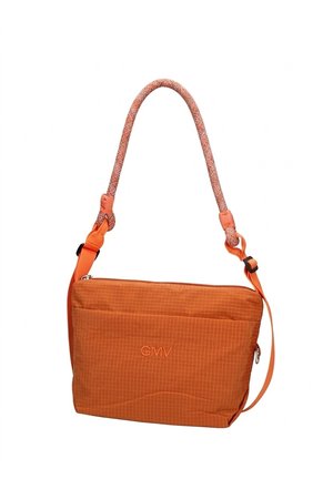 Borsa a tracolla rettangolare arancione in tessuto strutturato, tasca frontale con cerniera, logo "GMV" ricamato e tracolla intrecciata regolabile.