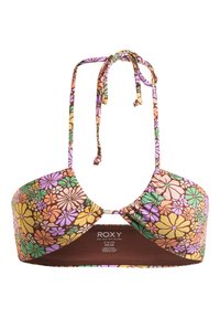 Bloemenbikini top met een bruine basis en oranje, roze en groene bloemen. Te strikken in de nek met verstelbare bandjes en een gathered voorkant.