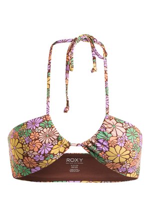 Blomstret bikinitopp med brun base og oransje, rosa og grønne blomster. Knytes i nakken med justerbare stropper og rynket front.