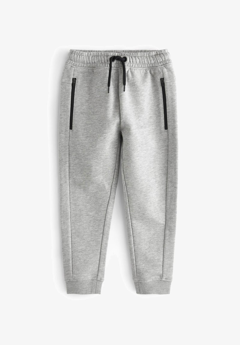 Šedé sportovní joggingové kalhoty vyrobené z měkkého materiálu, s elastickým pasem, šňůrkou a dvěma bočními zipovými kapsami s černými akcenty.